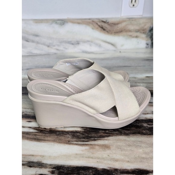 Crocs Leigh II Canvas Cross-Strap Wedge Sandals Beige Oatmeal Womens 3 Inch sz 7 - Picture 5 of 10